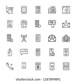Collection of 25 telephone outline icons include icons such as tablet, smartphone, message, office, phone, downloading from smartphone, portable, card, fax, mobile phone