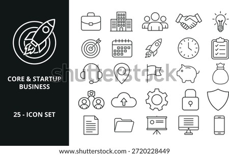 A collection of 25 thin line icons representing core concepts and elements of startup and modern business operations, suitable for digital interfaces.