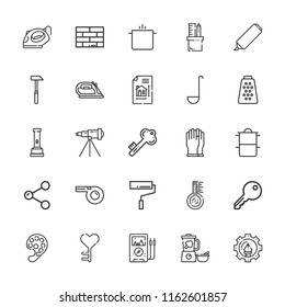 Collection of 25 tool outline icons include icons such as blueprint, voltmeter, iron, gloves, hammer, key, share, brick, paint roller, flashlight, whistle, blender, telescope