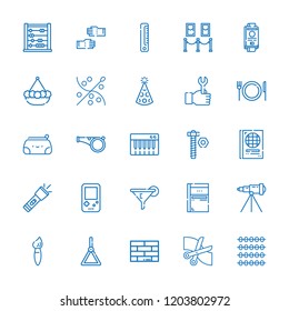 Collection of 25 tool outline icons include icons such as wrench, screw, abacus, gameboy, cutlery, hat, keyboard, brick, flashlight, telescope, passport, sketchbook, holder