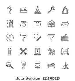 Collection of 25 tool outline icons include icons such as filter, pencil, blueprint, paint roller, zoom out, brush, pencils, industrial robot, fire extinguisher, farmer hoeing