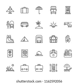 Collection of 25 tourism outline icons include icons such as umbrella, bellhop, pool, deck chair, briefcase, helicopter, palm, passport, canteen, skiing, double decker bus