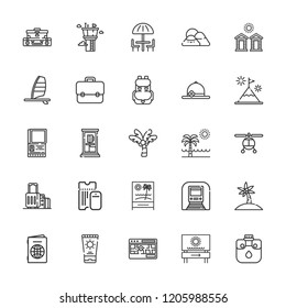Collection of 25 tourism outline icons include icons such as helicopter, briefcase, canteen, windsurf, passport, phone box, backpack, pamela, palm tree, umbrella, underground