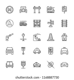 Collection of 25 traffic outline icons include icons such as barrier, car, classic car, jeep, sport car, taxi, tram, navigator, collision, metro, parking, rail, cone, train