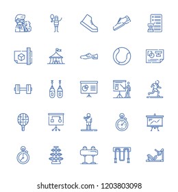 Collection of 25 training outline icons include icons such as presentation, plan, tennis court, shoe, dumbbell, pommel horse, tennis racket, planning, professor, tennis
