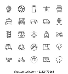 Collection of 25 transport outline icons include icons such as dealer, delivery truck, package, helicopter, traffic light, world, planet earth, lift, truck, boxes, drone