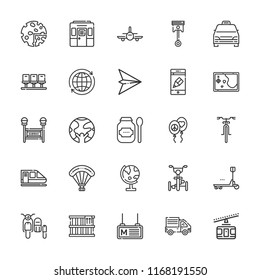 Collection of 25 transport outline icons include icons such as bicycle, world, balloons, planet earth, parachuting, paper plane, airplane, bike, minivan taxi, sidecar, subway