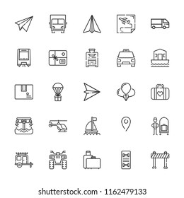 Collection of 25 transportation outline icons include icons such as package, delivery, parcel, barrier, bellhop, paper airplane, helicopter, balloons, truck, hoverboard