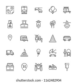 Collection of 25 transportation outline icons include icons such as delivery truck, pin, cone, bellhop, balloon, helicopter, balloons, boxes, jet ski, boat, catamaran