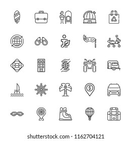 Collection of 25 travel outline icons include icons such as information ecology, palm tree, location pin, bellhop, world, planet earth, briefcase, flat, shopping bag, bag