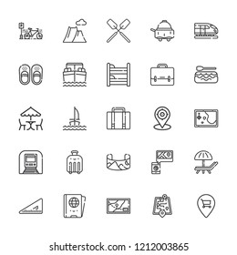Collection of 25 travel outline icons include icons such as pin, suitcase, rafting, boat, sailboat, field of view, set square, sunbed, luggage, underground, sandals