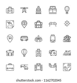 Collection of 25 trip outline icons include icons such as pin, helicopter, briefcase, hot air balloon, boat, locomotive, backpack, bus, compass, suitcase, route, luggage, tent