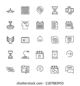 Collection of 25 ui outline icons include icons such as calendar, heart, hourglass, list, conversion, airplane, home, menu button, next page, smartphone, microphone, chat