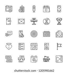 Collection of 25 ui outline icons include icons such as list, chat, flag, trophy, browser, dart board, smartphone, heart, calendar, expand, microphone, next, location