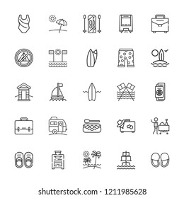 Collection of 25 vacation outline icons include icons such as room service, slippers, rafting, skiing, swimming suit, briefcase, monorail, sailing ship, passport, suitcase
