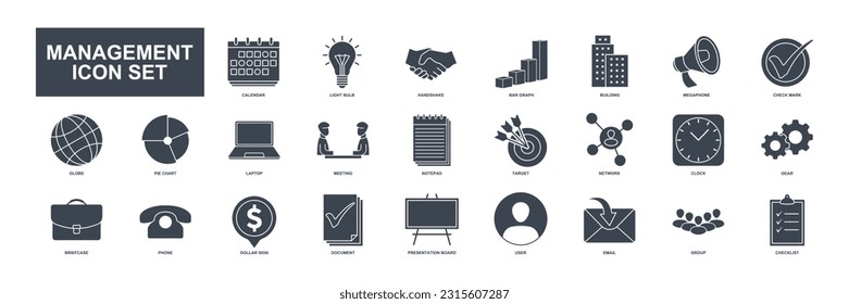 Colección de 25 iconos vectoriales que representan diversos aspectos de la administración de negocios. Estos iconos se pueden utilizar para mejorar presentaciones, sitios web o cualquier diseño relacionado con la administración del negocio
