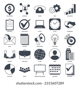 A collection of 25 vector icons representing various aspects of business management. These icons can be used to enhance presentations, websites, or any design related to business management