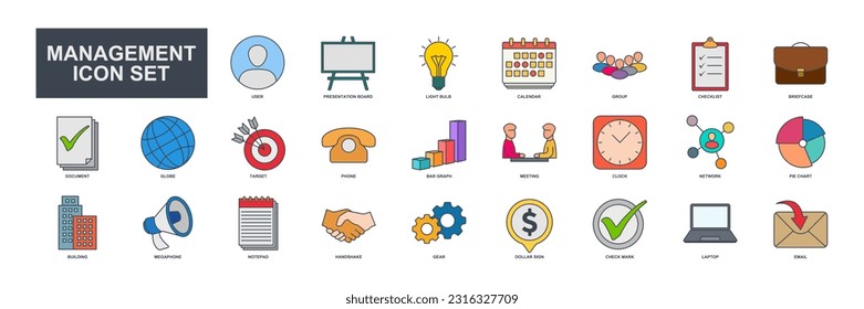 Colección de 25 iconos vectoriales que representan diversos aspectos de la administración de negocios. Estos iconos se pueden utilizar para mejorar presentaciones, sitios web o cualquier diseño relacionado con la administración del negocio