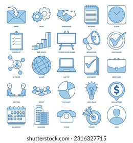 Colección de 25 iconos vectoriales que representan diversos aspectos de la administración de negocios. Estos iconos se pueden utilizar para mejorar presentaciones, sitios web o cualquier diseño relacionado con la administración del negocio