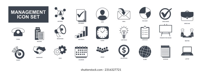 A collection of 25 vector icons representing various aspects of business management. These icons can be used to enhance presentations, websites, or any design related to business management