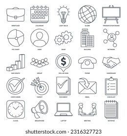 Eine Kollektion von 25 Vektorsymbol, die verschiedene Aspekte des Geschäftsmanagements darstellen. Diese Symbole können verwendet werden, um Präsentationen, Websites oder jedes Design im Zusammenhang mit dem Geschäftsmanagement zu verbessern