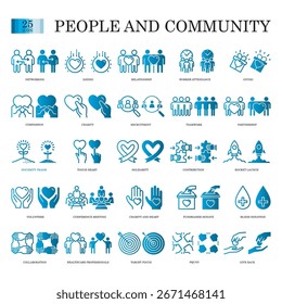 Colección de 25 iconos vectoriales que representan a las personas, la comunidad, el trabajo en equipo, la unidad, la Asistencia, la comunicación, el liderazgo, la amistad y la atención social. Perfecto para negocios, proyectos sociales, organizaciones sin fines de lucro