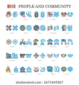 Colección de 25 iconos vectoriales que representan a las personas, la comunidad, el trabajo en equipo, la unidad, la Asistencia, la comunicación, el liderazgo, la amistad y la atención social. Perfecto para negocios, proyectos sociales, organizaciones sin fines de lucro