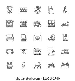 Collection of 25 vehicle outline icons include icons such as helicopter, school bus, rocket, garage, golf cart, motorcycle, auto ricksaw, boat, jeep, train, truck, bus