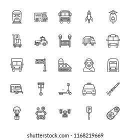 Collection of 25 vehicle outline icons include icons such as delivery, engine, rocket, recycling truck, drone, lorry, minibus, motorbike, taxi, train, underground, trailer