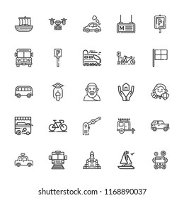 Collection of 25 vehicle outline icons include icons such as dealer, rocket launch, school bus, insurance, drone, motorbike, bus, car, van, parking, subway, racing, metro