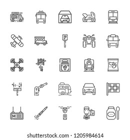 Collection of 25 vehicle outline icons include icons such as garage, motorbike, plane, racing, minibus, quad, station wagon, train, trolleybus, rocket ship, bus, parking