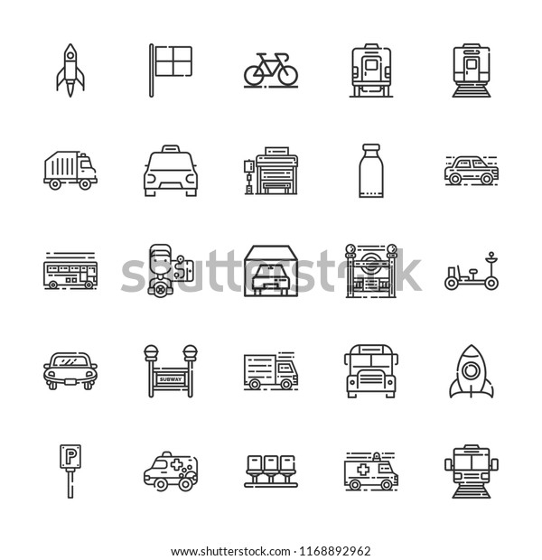 Collection of 25 vehicle\
outline icons include icons such as rocket, garage, recycling\
truck, school bus, taxi, moon rover, train, car, subway, racing,\
seats, bicycle,\
truck