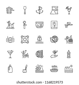 Collection of 25 water outline icons include icons such as ecology, global warming, bleach, detergent, spa, gym, cocktail, gardening, harpoon, sailing ship, wave, fuel, bucket
