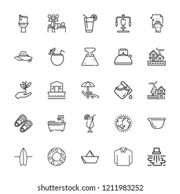 Collection of 25 water outline icons include icons such as water pollution, kettle, dish, gardening, fins, house boat, cocktail, soft drink, geyser, massage, pamela, flood