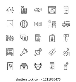 Collection of 25 web outline icons include icons such as passport, browser, chat, satellite, inbox, heart, newspaper, bowling, coins, notebook, history button, bell, ticket