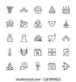 Collection of 25 wedding outline icons include icons such as ice bucket, heart, church, champagne, cupid, cup cake, wedding dress, love, bouquet, newlyweds, love birds