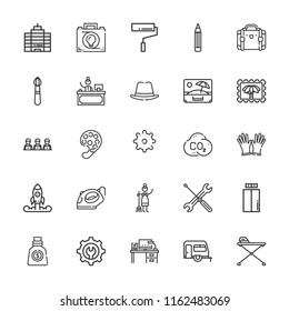 Collection of 25 work outline icons include icons such as settings, receptionist, suitcase, iron, ironing board, maid, brush, pencil, lift, gloves, office, paint roller
