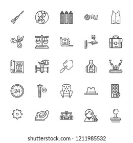 Collection of 25 work outline icons include icons such as meeting, hours, measure tape, screw, iron, briefcase, office, hat, settings, broom, stamp, pencils, apron, scissors