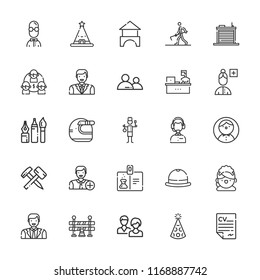 Collection of 25 worker outline icons include icons such as user, maid, staff, id card, hat, users, helmet, working, add user, team, curriculum, traffic barrier, warehouse