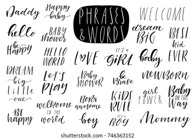 Collection of 26 baby shower's words, quotes and phrases in white and black colors. Hand drawing lettering. Vector