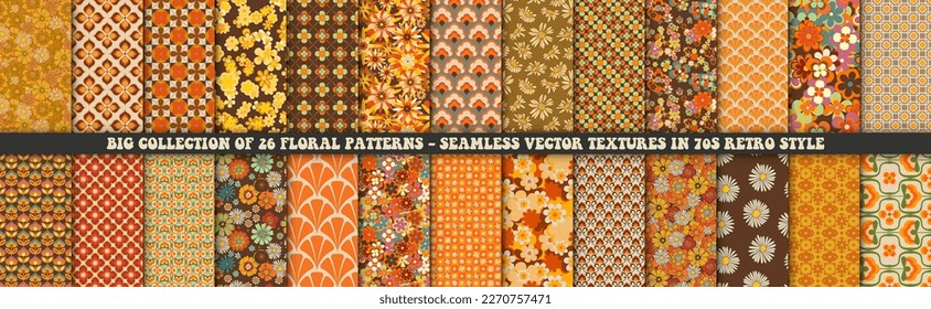 Collection of 26 colorful floral retro patterns. Vector trendy backgrounds in 70s style. Abstract modern geometric and floral ornaments, vintage textures set