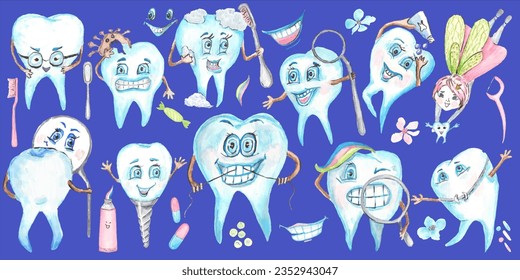 Collection of 26 funny teeth elements. The tooth fairy, teeth and dental care elements are painted with watercolors. You can make postcards, patterns, cards and add to other illustrations on your own