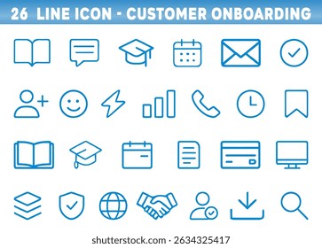 Collection of 26 line icons illustrating customer onboarding elements, including tasks like communication, user progress tracking, and engagement strategies.