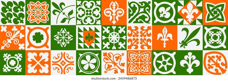 Collection of 27 ceramic tiles in Celtic tribal style. Bright square floor tiles with Irish motifs and knots. Seamless colorful patchwork with bright tiles. Ethnic folk ornament on the wall tile.	