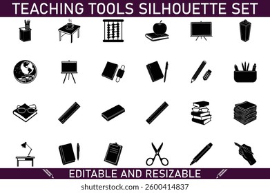 A collection of 28 black silhouette icons depicting various teaching tools like books, pencils, an abacus, and more. Editable and resizable vector graphics.