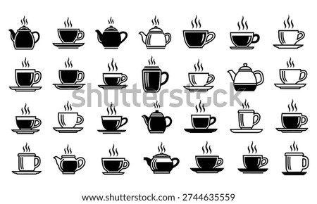 A collection of 28 black silhouettes of different tea cups and mugs with steam rising, arranged in four rows on a white background.