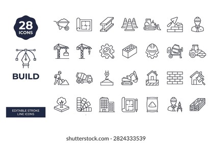 Collection of 28 construction and build themed line icons illustrating architectural tools, heavy machinery, building site personnel, and infrastructure development concepts for professional engineering projects.