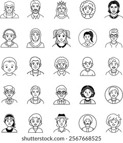 Collection of 28 diverse line art avatars depicting various genders, ages, hairstyles, and ethnicities. Simple, minimalist style, ideal for website or app use.