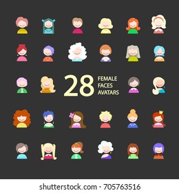 Collection of 28 female faces avatars. Girl icons. Vector illustration