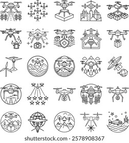 A collection of 28 lineart drone icons depicting various applications delivery, photography, agriculture, surveillance, and more. Simple, clean design.